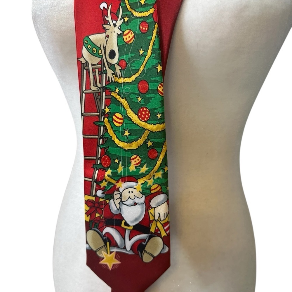 Festive Red Christmas Tie with Reindeer and Santa falling from Tree